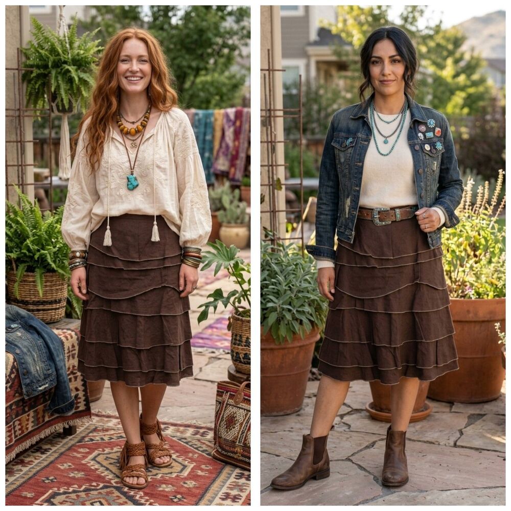 Tasha Polizzi Boho Western Linen Cotton Tiered Skirt - 12